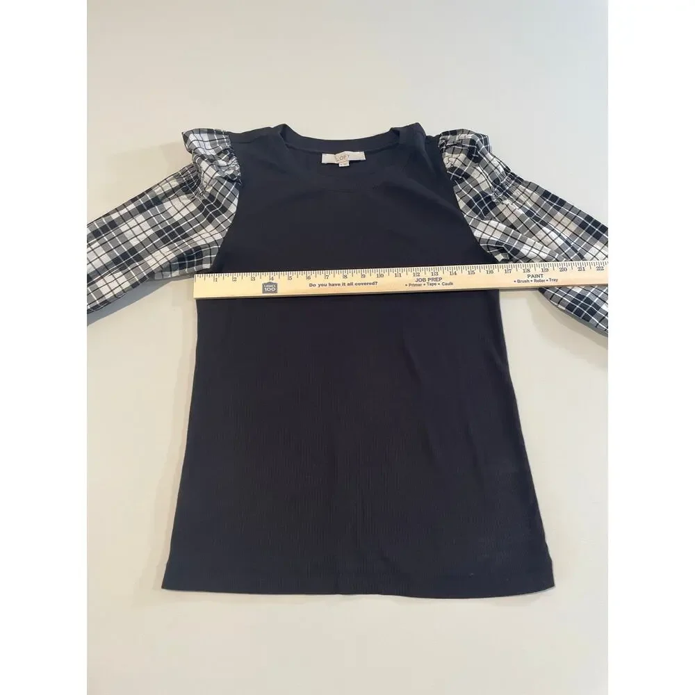 LOFT Black Knit Top Size M Plaid Puff Sleeves Cotton Blend Stretch